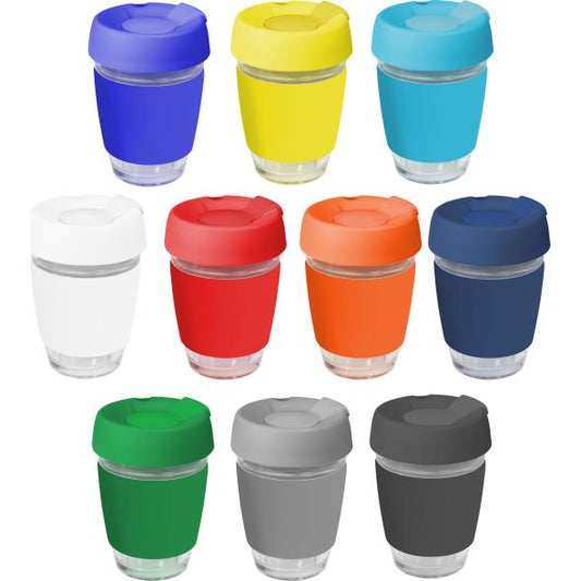 Glass Genova 350Ml Coffee Cup With Silicon Lid And Band