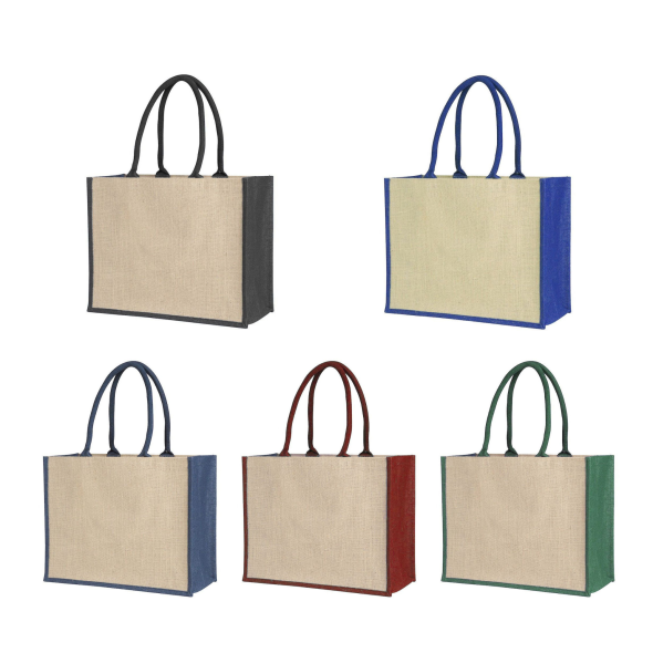 Laminated Jute Supermarket Bag With Coloured Handles And Gussets